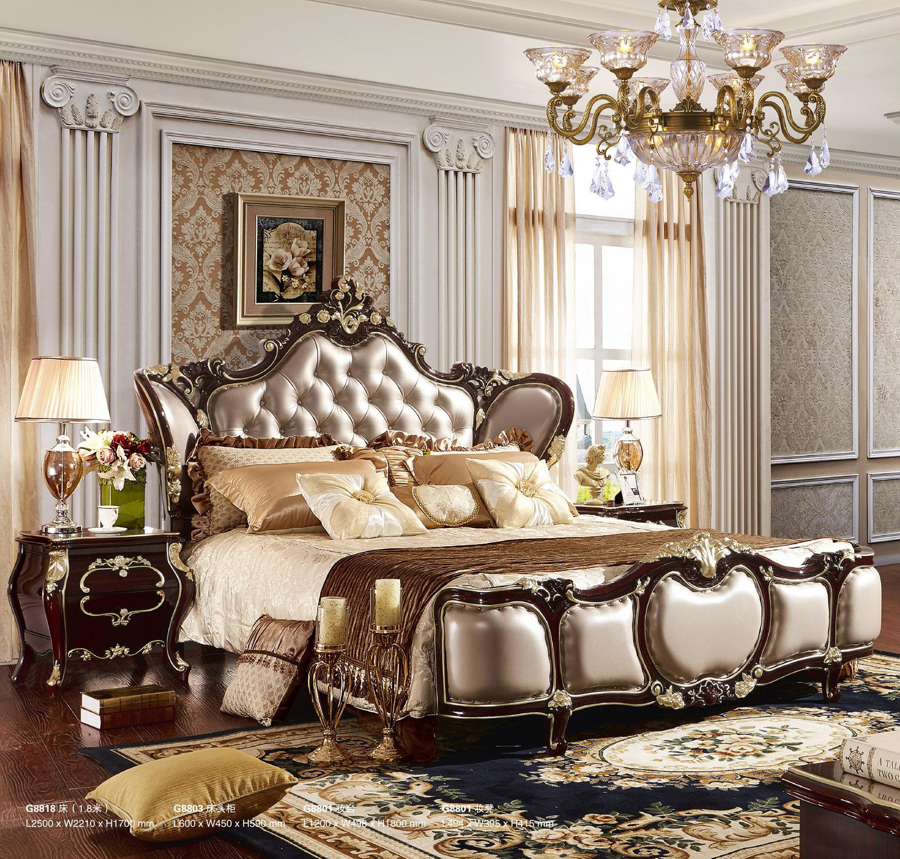 High end golden color Luxury villa bedroom set home bed room furniture king size carved royal bedroo