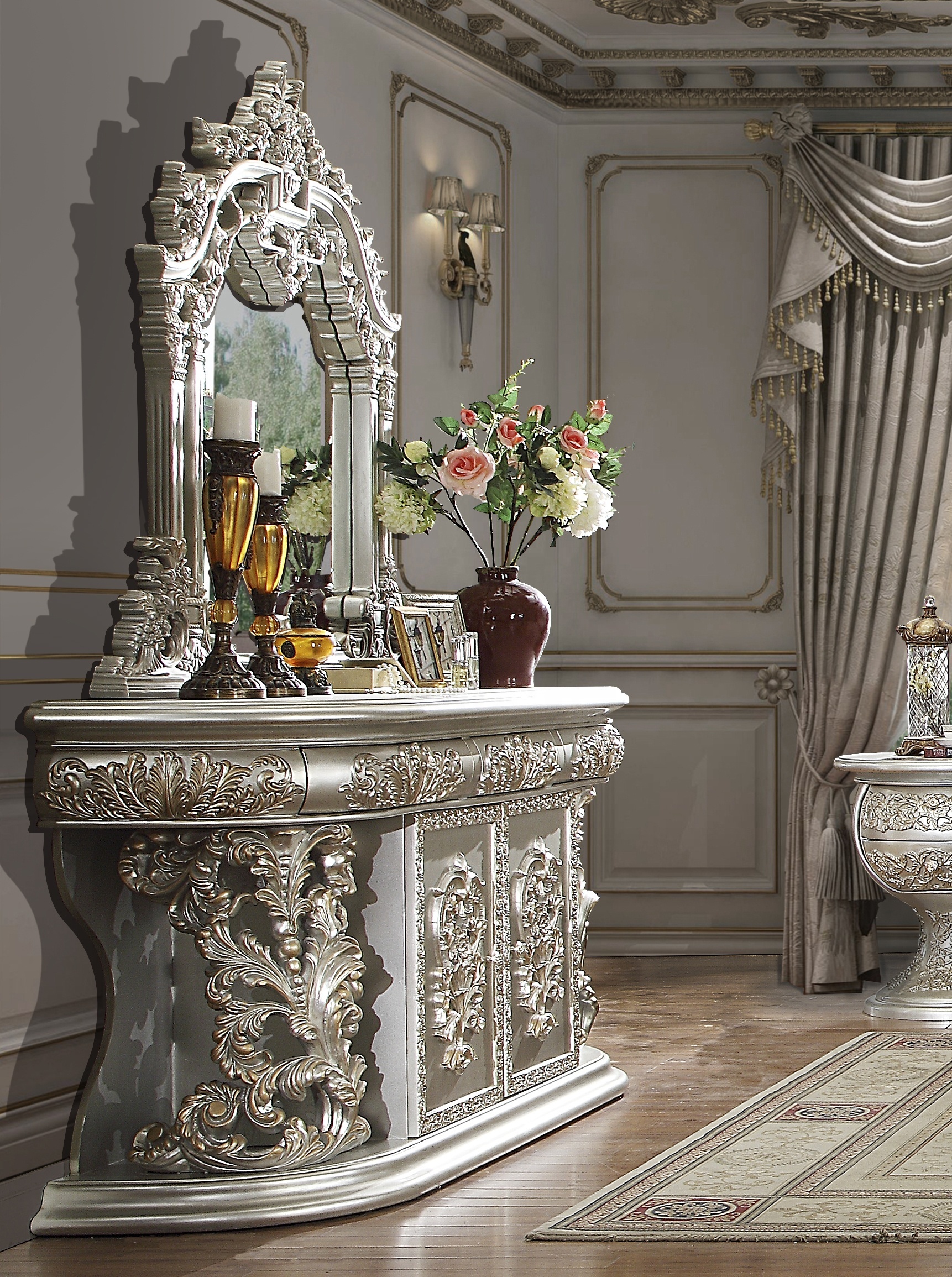 Luxurious Champagne Gold Silver Leaf Rectangle Hand Carving Dining Table Set Royal Home Furniture