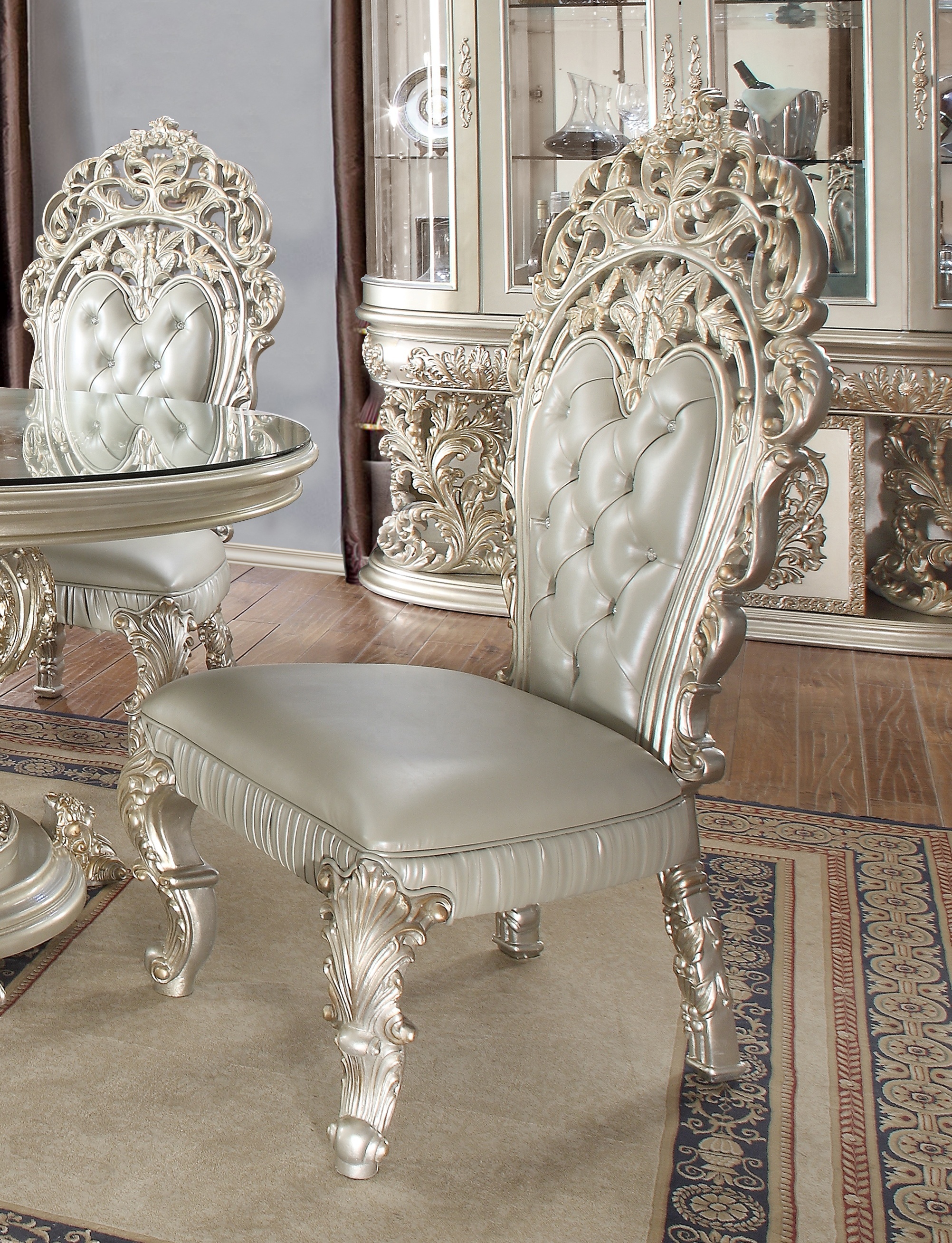 Luxurious Champagne Gold Silver Leaf Rectangle Hand Carving Dining Table Set Royal Home Furniture