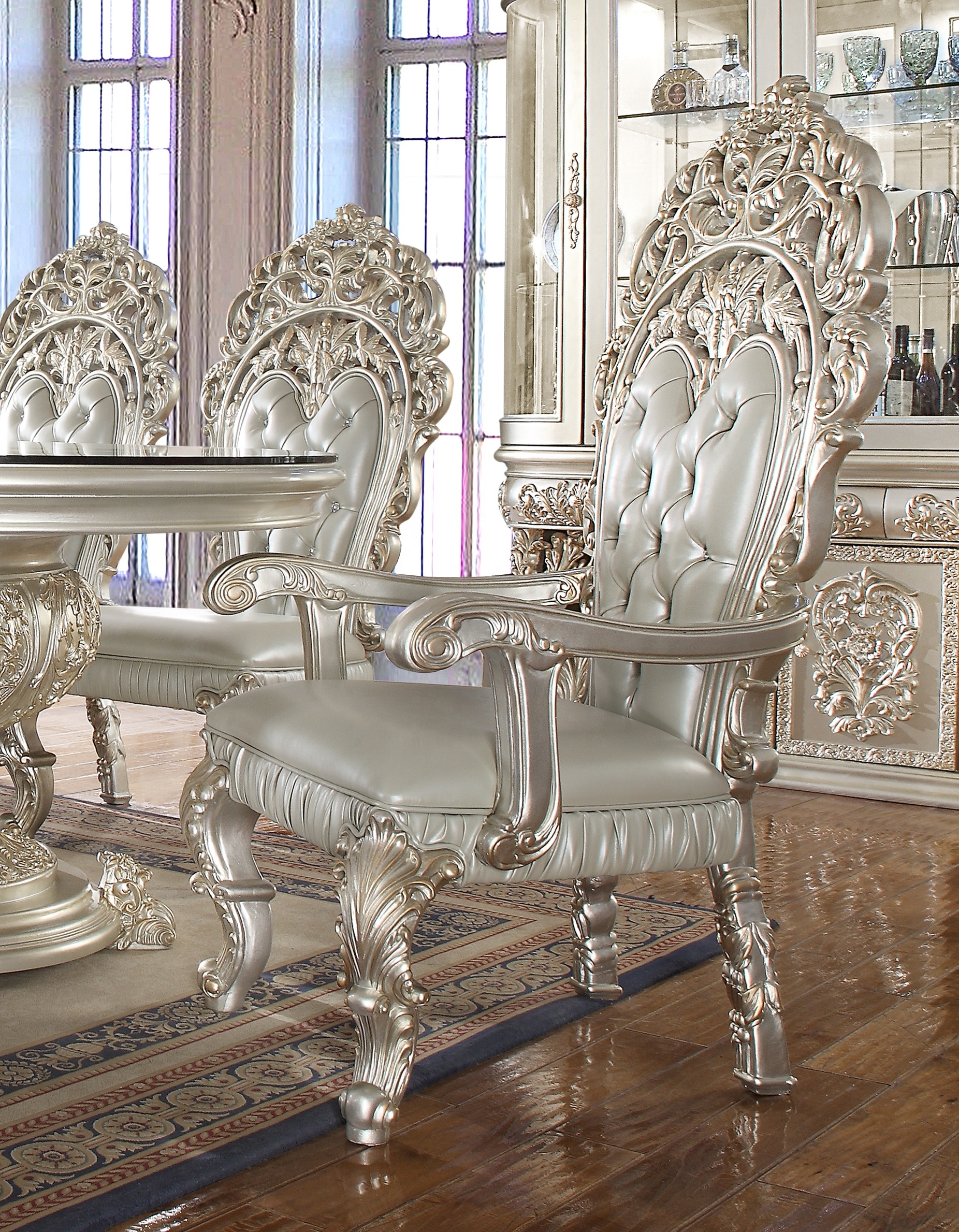Luxurious Champagne Gold Silver Leaf Rectangle Hand Carving Dining Table Set Royal Home Furniture