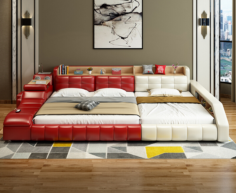electric massage modern smart solid wood leather bedroom furniture sets luxury king size beds frame 