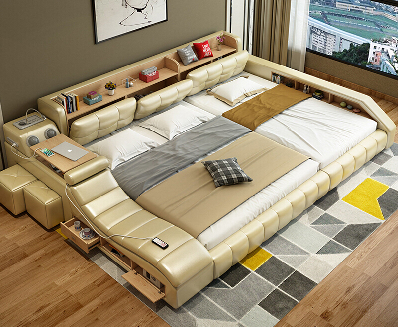 electric massage modern smart solid wood leather bedroom furniture sets luxury king size beds frame 