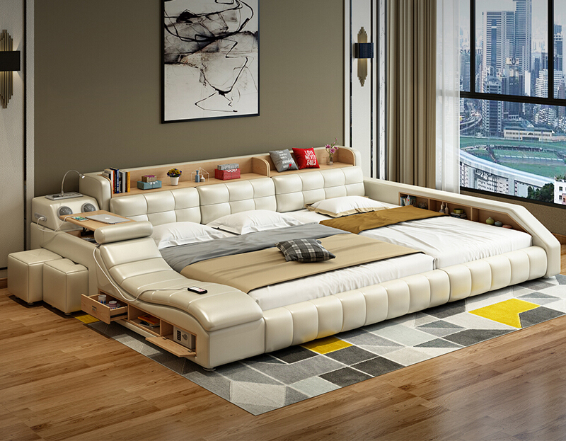 electric massage modern smart solid wood leather bedroom furniture sets luxury king size beds frame 