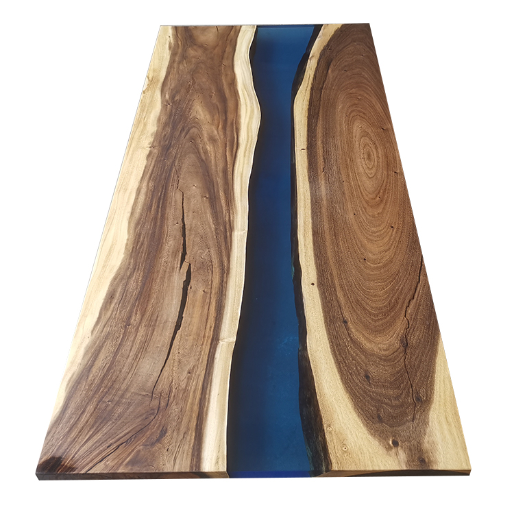 Home furniture clear blue resin dining table art real wood live edge river epoxy resin table with ch