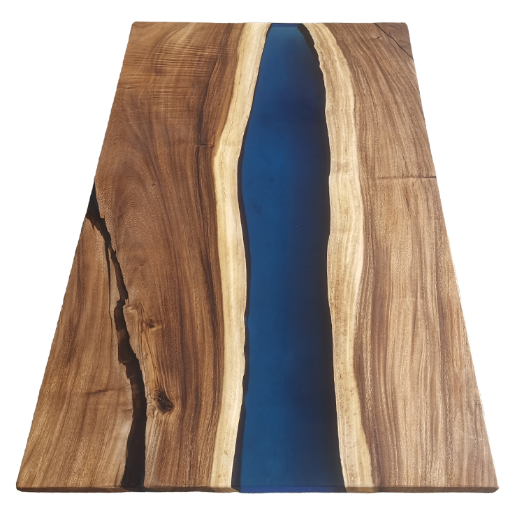 Home furniture clear blue resin dining table art real wood live edge river epoxy resin table with ch