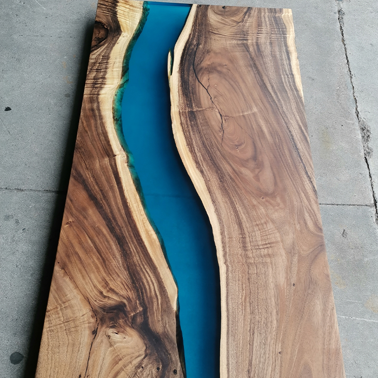 Home furniture clear blue resin dining table art real wood live edge river epoxy resin table with ch