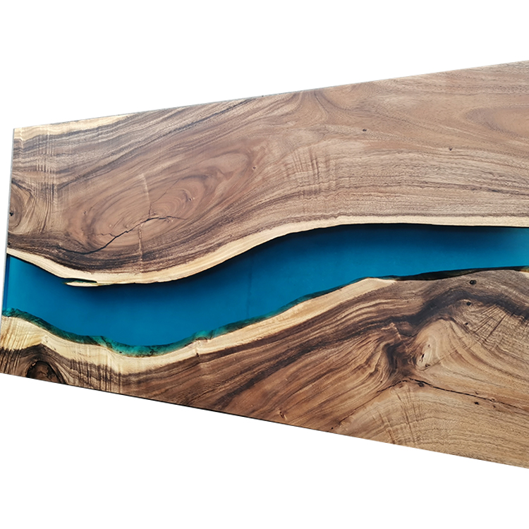 Home furniture clear blue resin dining table art real wood live edge river epoxy resin table with ch