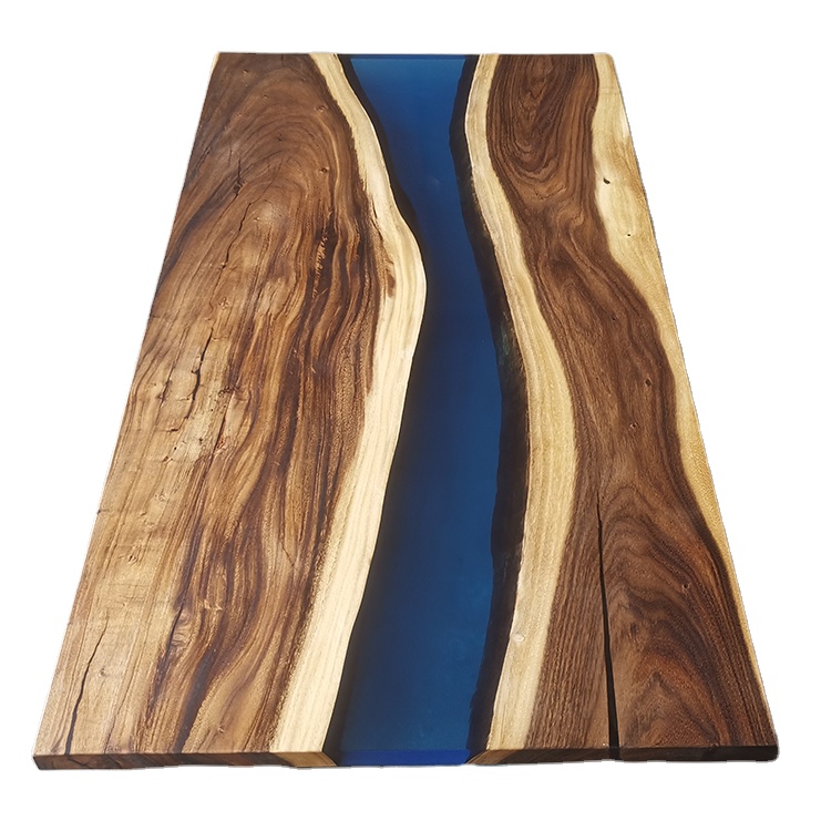 Home furniture clear blue resin dining table art real wood live edge river epoxy resin table with ch
