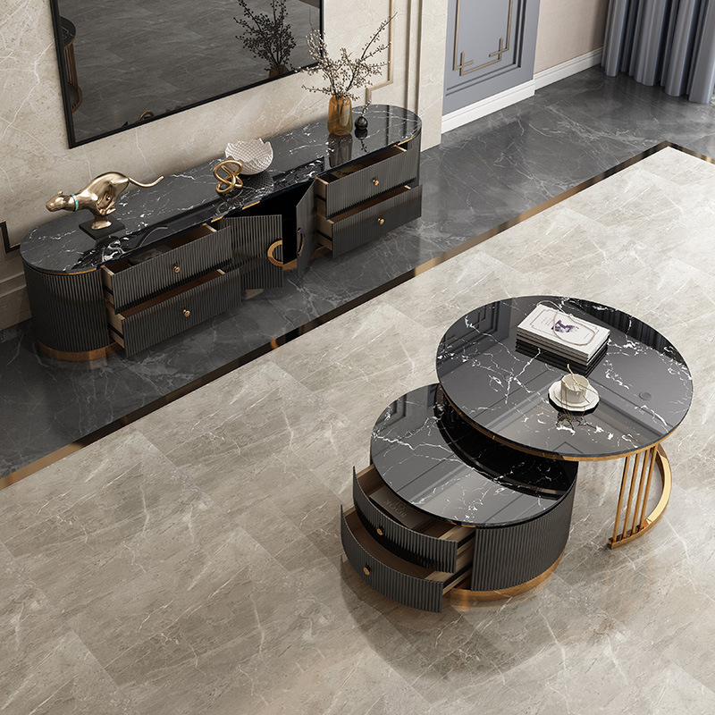 Luxury living room Glossy gold stainless steel marble top TV stand and coffee table set cabinet furn