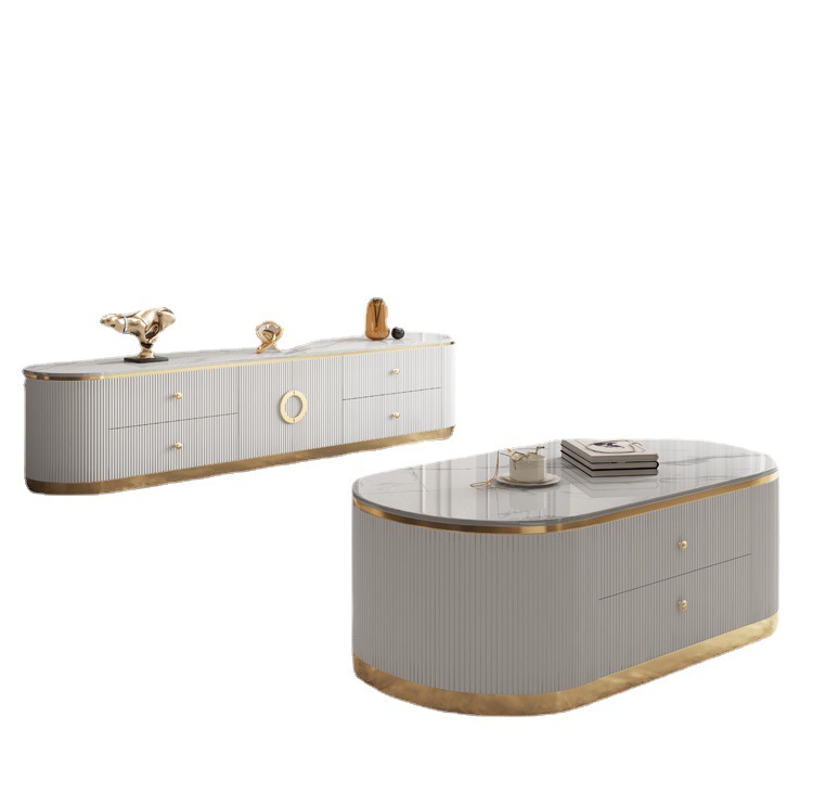 Luxury living room Glossy gold stainless steel marble top TV stand and coffee table set cabinet furn