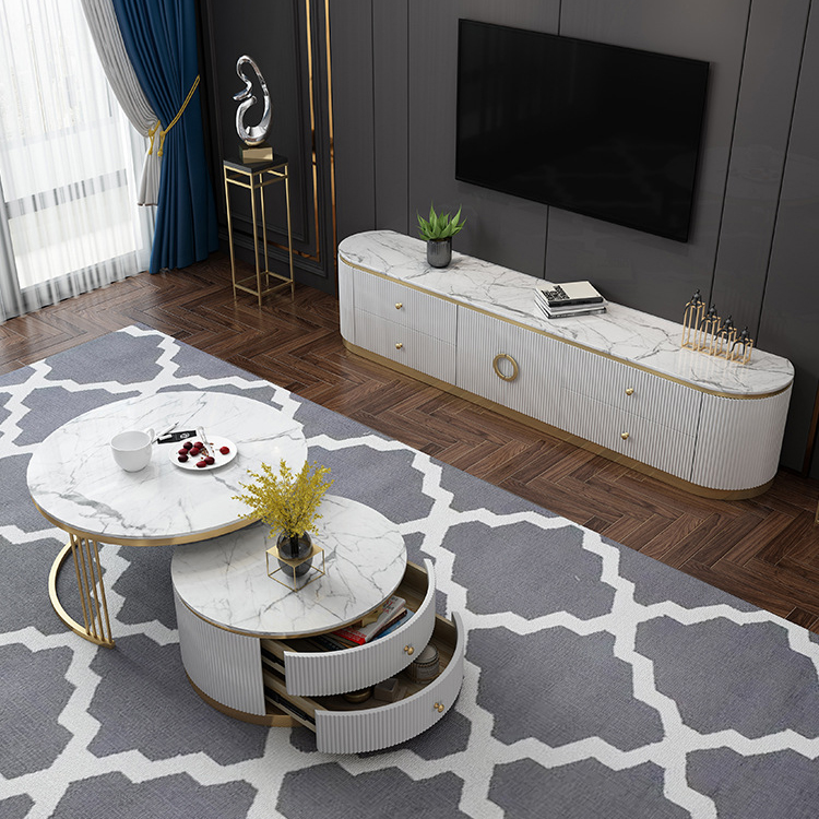 Luxury living room Glossy gold stainless steel marble top TV stand and coffee table set cabinet furn