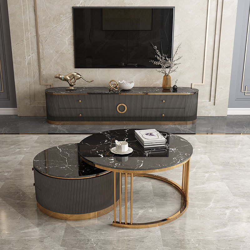 Luxury living room Glossy gold stainless steel marble top TV stand and coffee table set cabinet furn