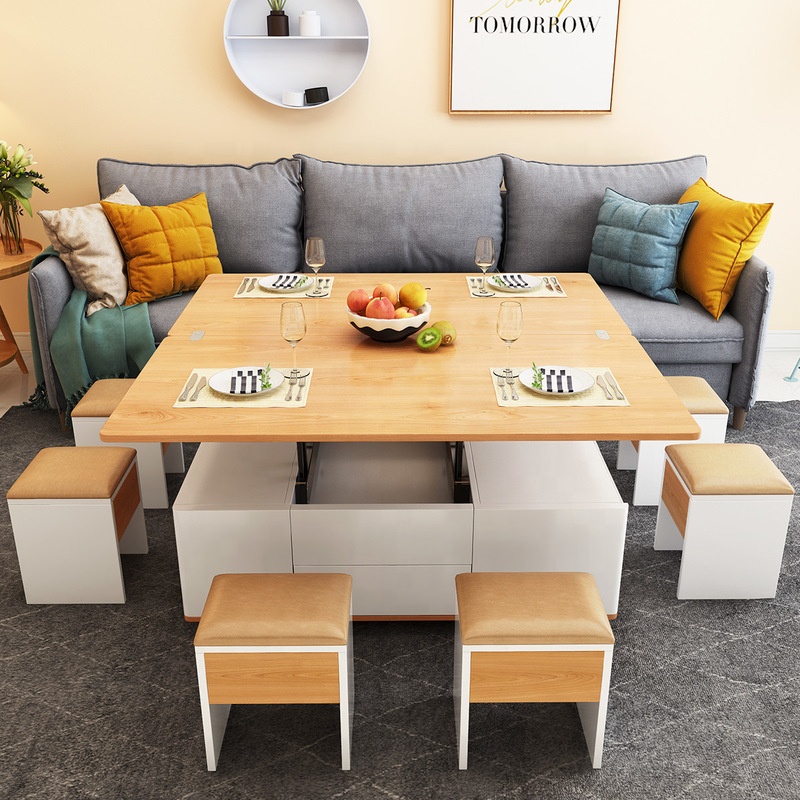 Modern Hidden Storage Cabinet Lift Top Coffee Table Dining Table for Home Living Room with 6 Stools