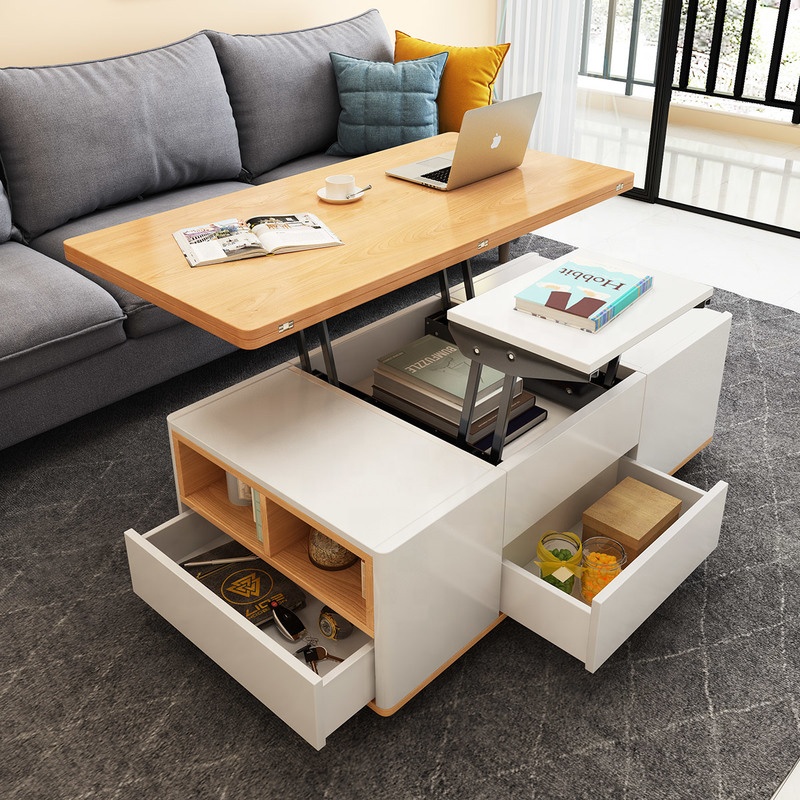Modern Hidden Storage Cabinet Lift Top Coffee Table Dining Table for Home Living Room with 6 Stools