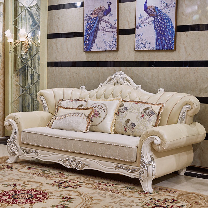 3 2 1 Seater Leather Sofa Set Living Room Furniture Antique Solid wooden Carved Frame 7 seater sofa 
