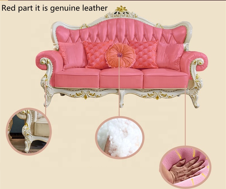 3 2 1 Seater Leather Sofa Set Living Room Furniture Antique Solid wooden Carved Frame 7 seater sofa 