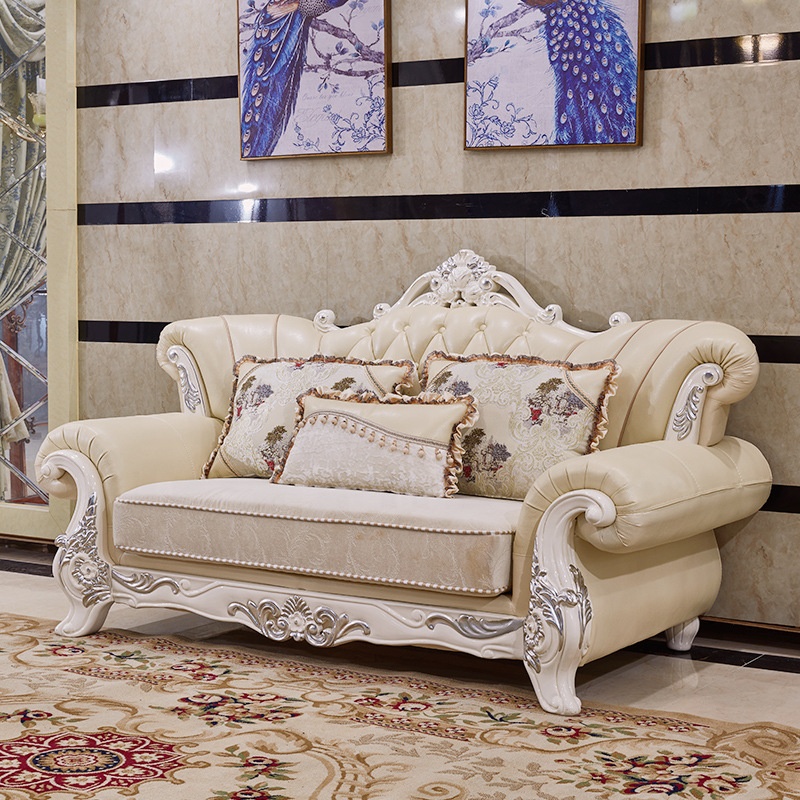 3 2 1 Seater Leather Sofa Set Living Room Furniture Antique Solid wooden Carved Frame 7 seater sofa 