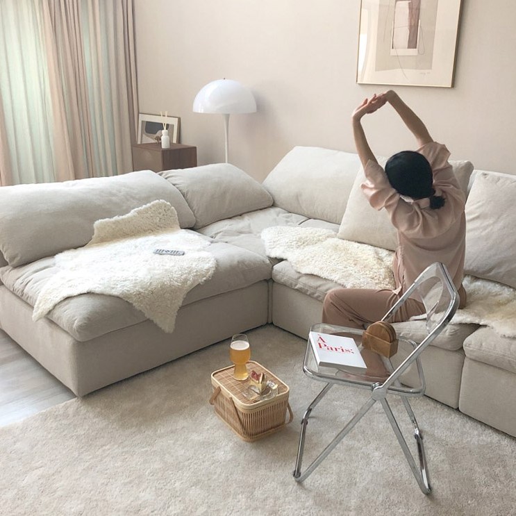 Modern Home Living Room Sofa Set Furniture White Linen Feather Cream Beige Fabric l Shaped Corner Mo