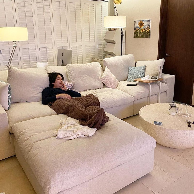Modern Home Living Room Sofa Set Furniture White Linen Feather Cream Beige Fabric l Shaped Corner Mo