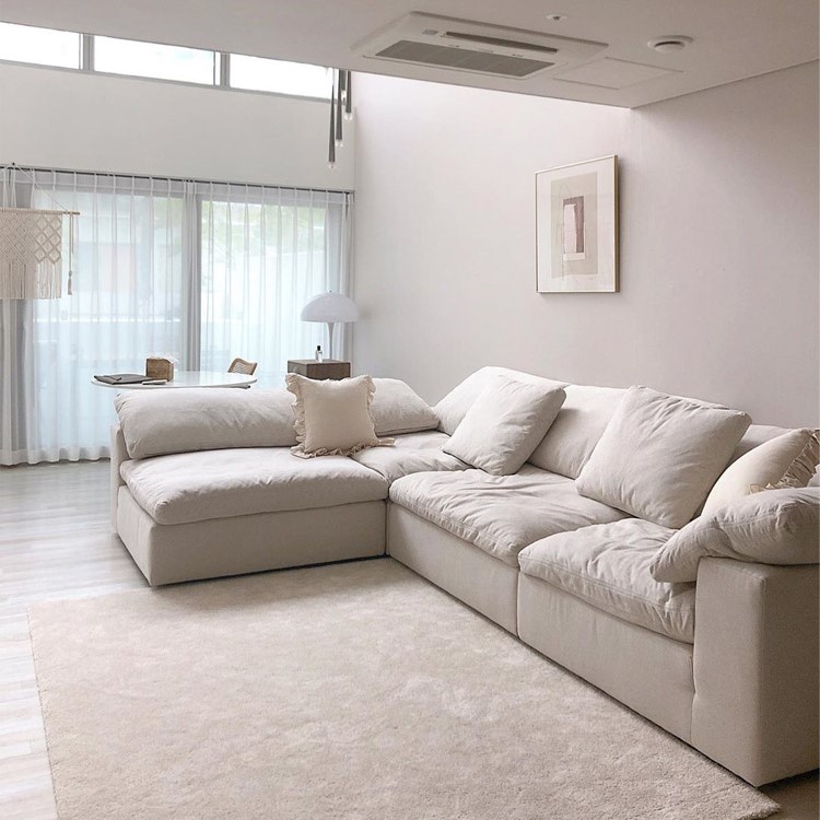 Modern Home Living Room Sofa Set Furniture White Linen Feather Cream Beige Fabric l Shaped Corner Mo