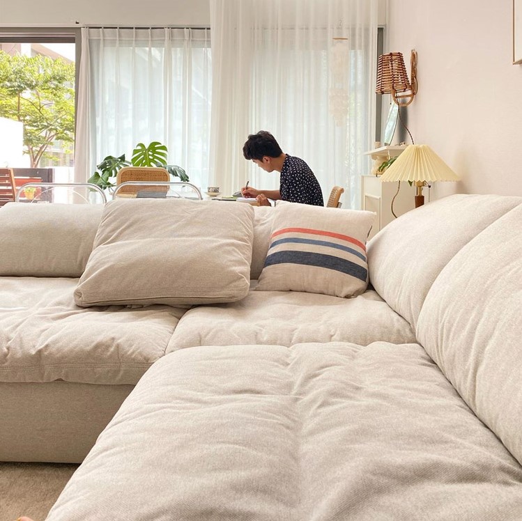 Modern Home Living Room Sofa Set Furniture White Linen Feather Cream Beige Fabric l Shaped Corner Mo
