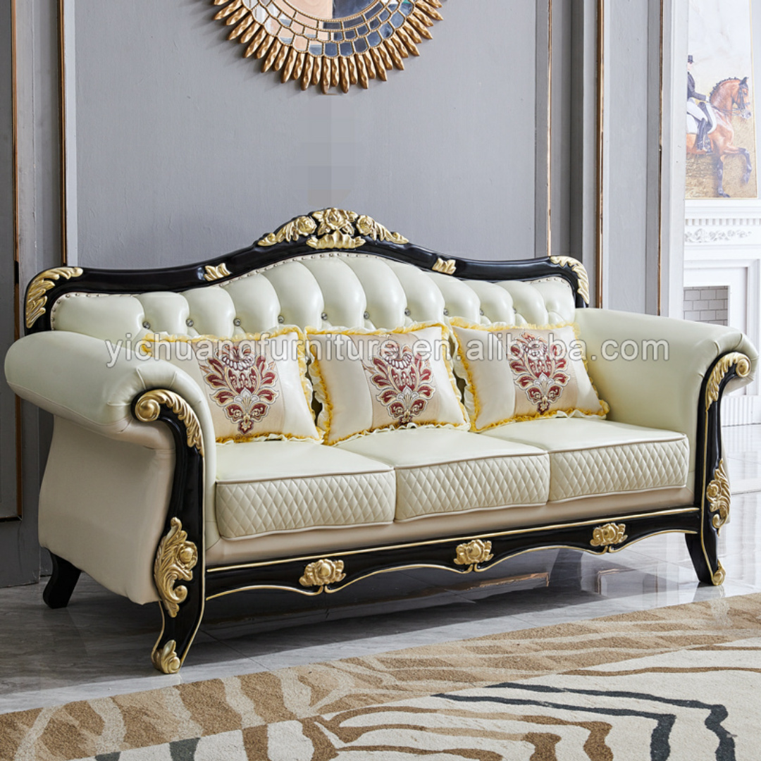 European Classic Design Home Furniture Royal Luxury Leather Living Room Carved Sofa Set