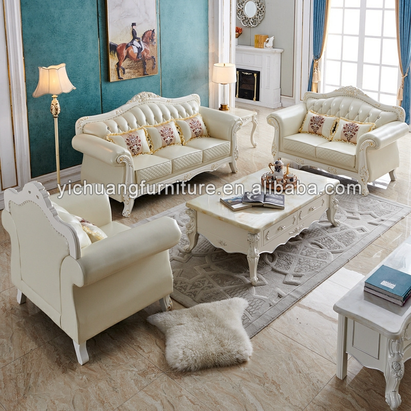 European Classic Design Home Furniture Royal Luxury Leather Living Room Carved Sofa Set