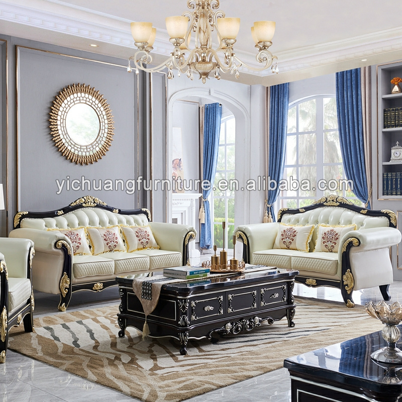 European Classic Design Home Furniture Royal Luxury Leather Living Room Carved Sofa Set
