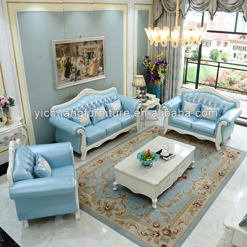 European Classic Design Home Furniture Royal Luxury Leather Living Room Carved Sofa Set