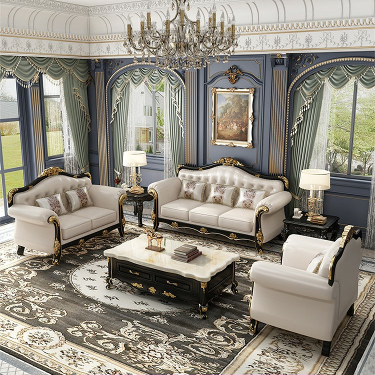 European Classic Design Home Furniture Royal Luxury Leather Living Room Carved Sofa Set