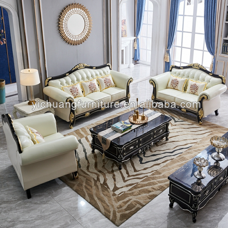 European Classic Design Home Furniture Royal Luxury Leather Living Room Carved Sofa Set