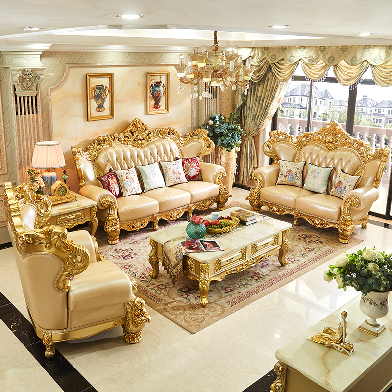American solid wood leather sofa set furniture European style living room sofas for home furniture
