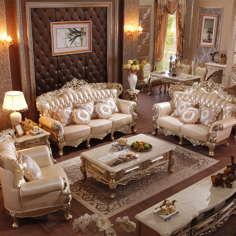American solid wood leather sofa set furniture European style living room sofas for home furniture
