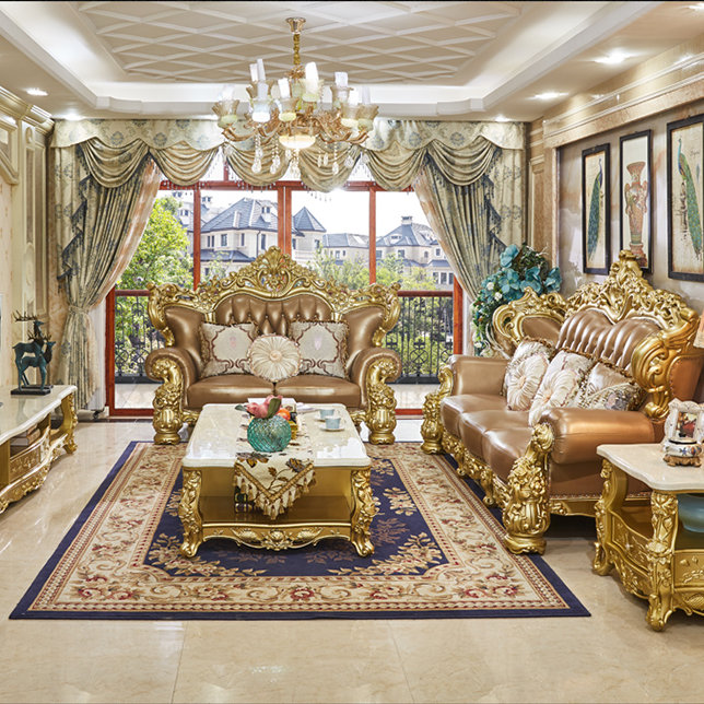 American solid wood leather sofa set furniture European style living room sofas for home furniture