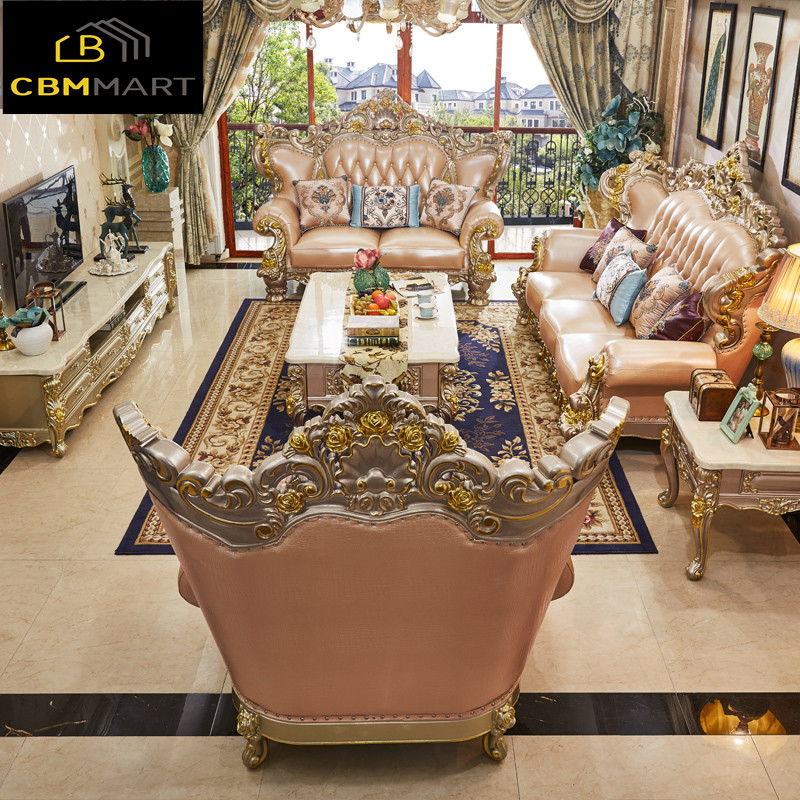 American solid wood leather sofa set furniture European style living room sofas for home furniture