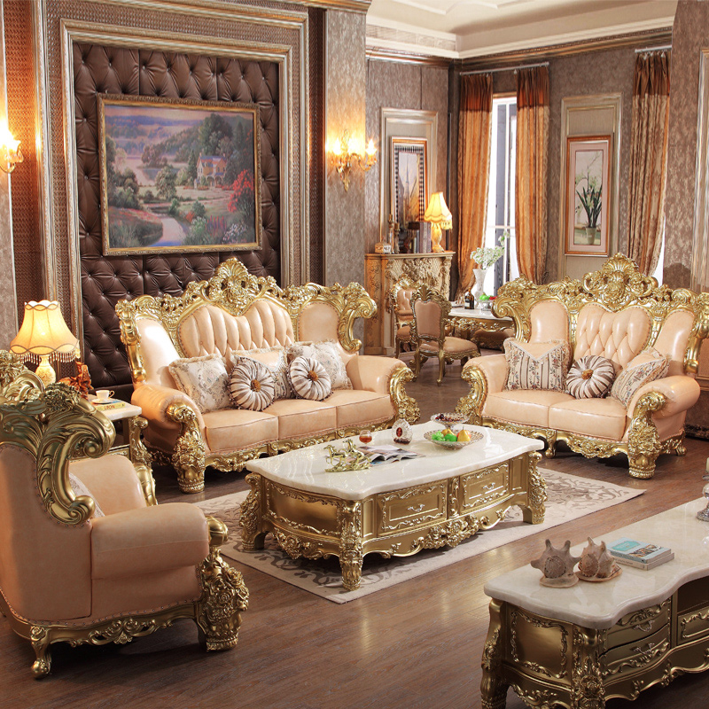American solid wood leather sofa set furniture European style living room sofas for home furniture