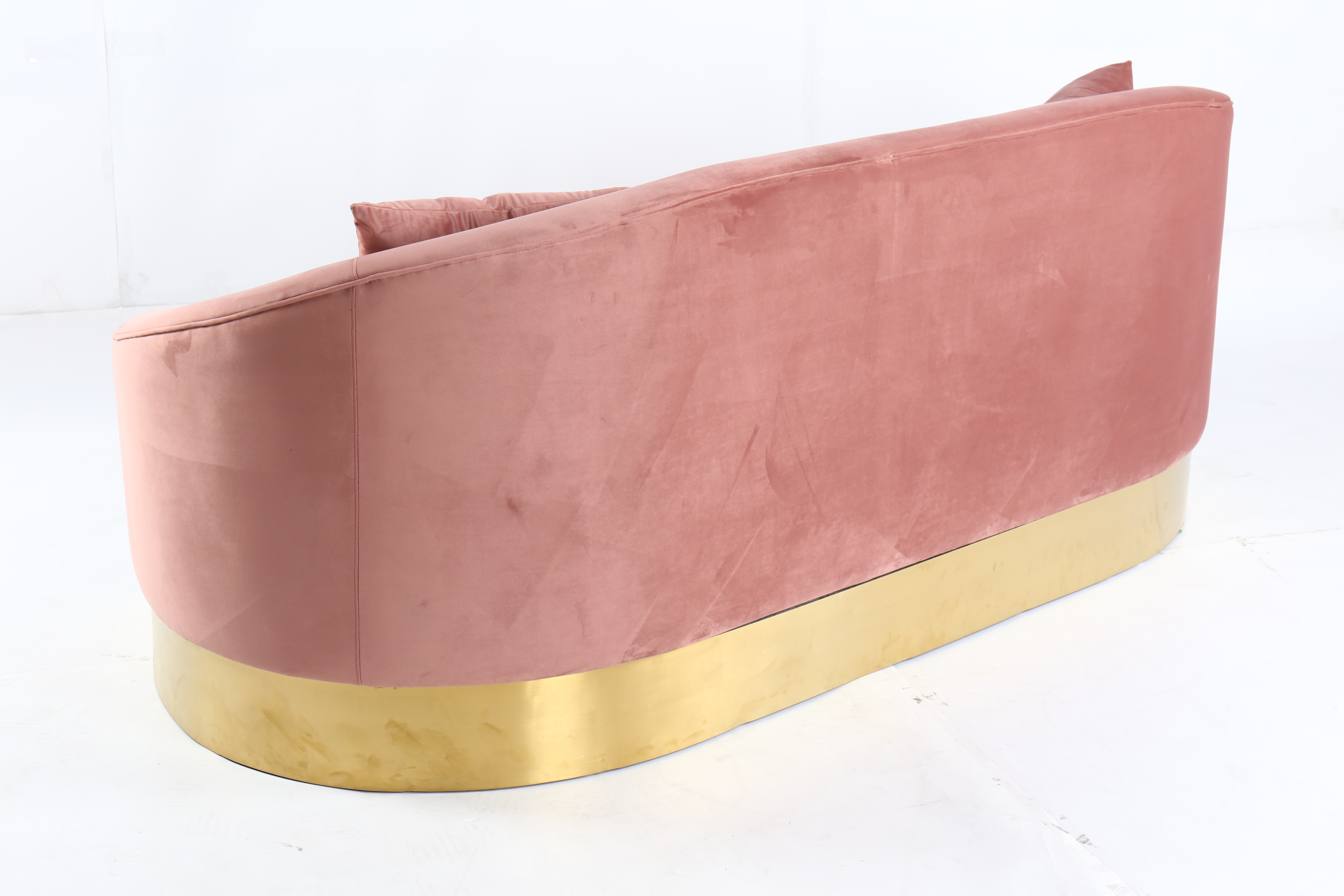 Pink Curved Modern Furniture Sleeping Couch Fabric Velvet Living Room Sofa with Gold Base Feet High 