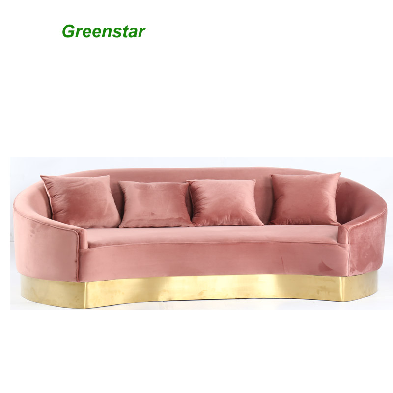 Pink Curved Modern Furniture Sleeping Couch Fabric Velvet Living Room Sofa with Gold Base Feet High 