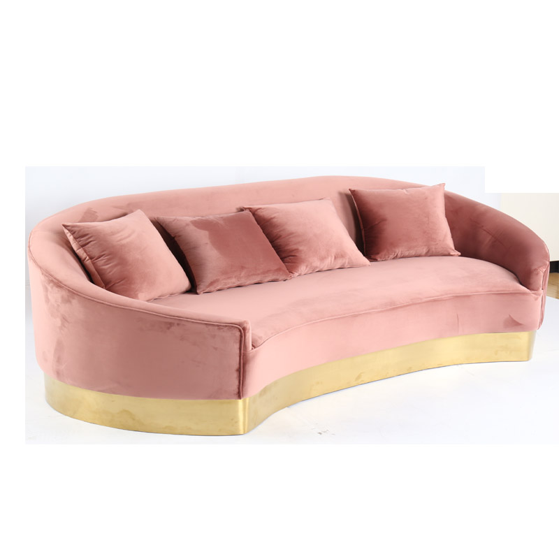 Pink Curved Modern Furniture Sleeping Couch Fabric Velvet Living Room Sofa with Gold Base Feet High 