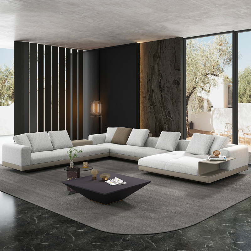 Italy modern leather u l shape sectional sofa set with wood minimalist living room furniture luxury 