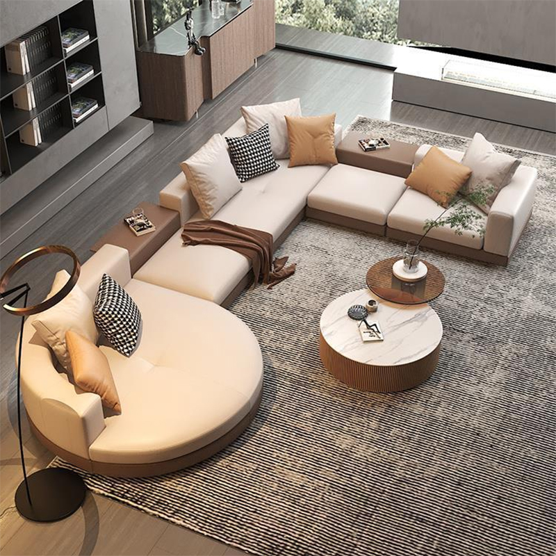 Italy modern leather u l shape sectional sofa set with wood minimalist living room furniture luxury 