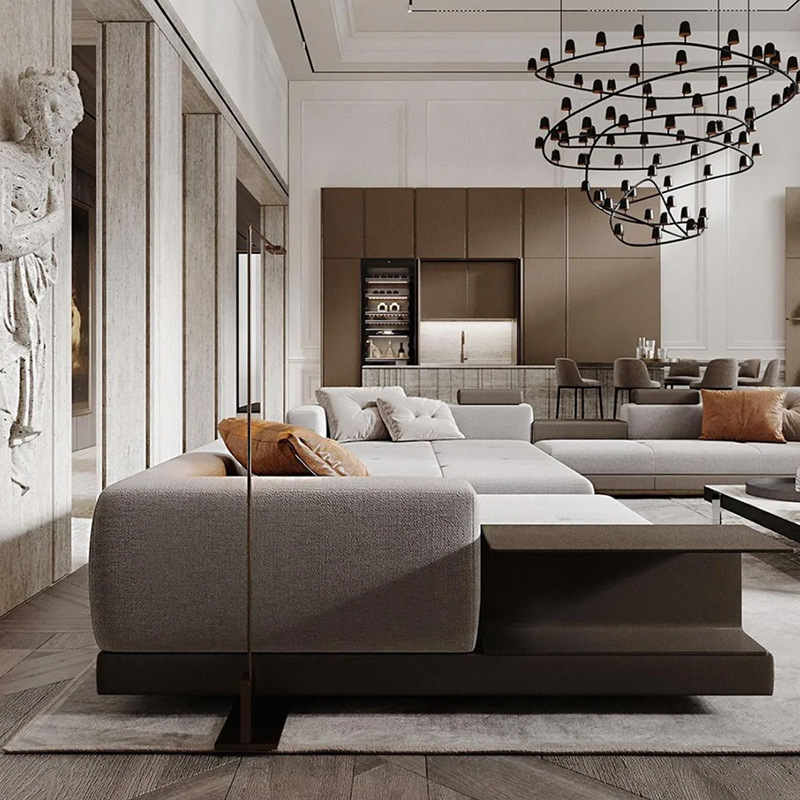 Italy modern leather u l shape sectional sofa set with wood minimalist living room furniture luxury 