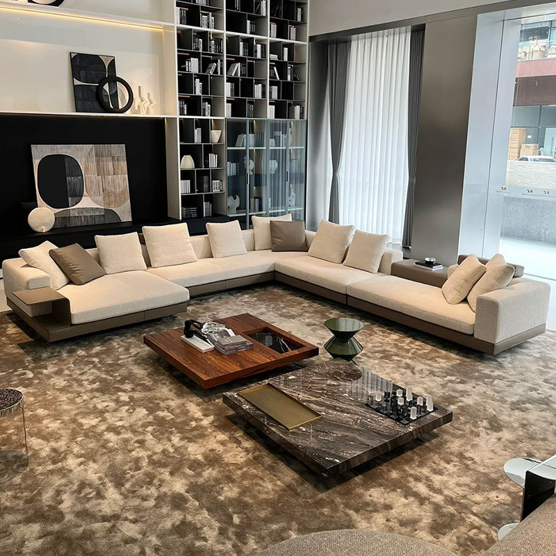 Italy modern leather u l shape sectional sofa set with wood minimalist living room furniture luxury 