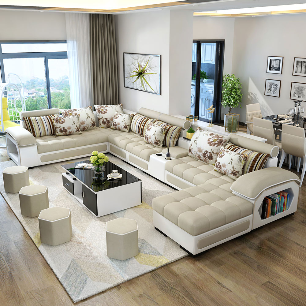 Contemporary living room sofas leather sofa set 7 seater couch longue L U shaped sectional sofa bed 
