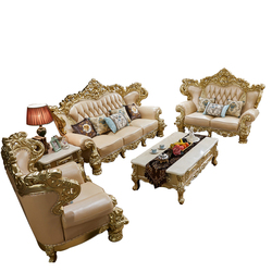 Classic Antique Royal Gold Golden Sofa Set muebles Living Room Furniture solid wood frame genuine le