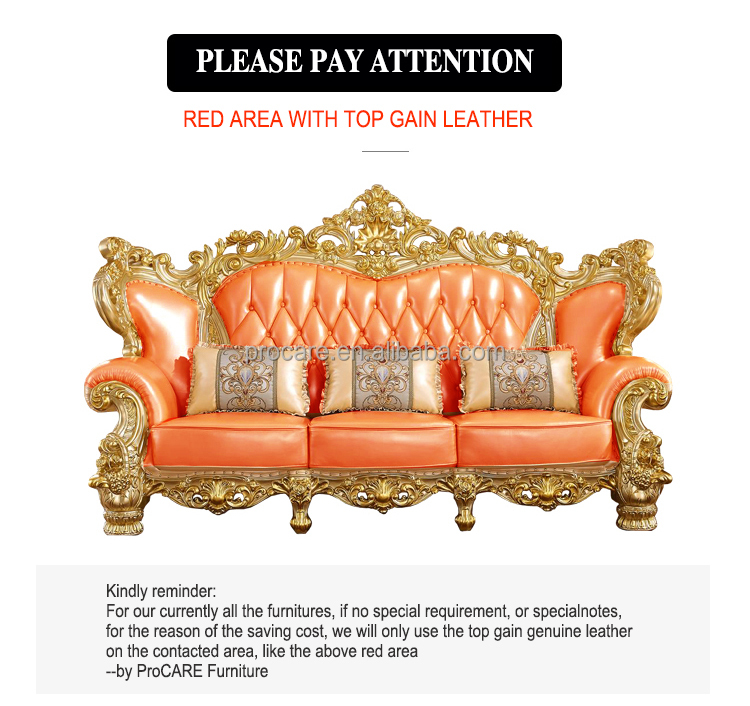 Classic Antique Royal Gold Golden Sofa Set muebles Living Room Furniture solid wood frame genuine le