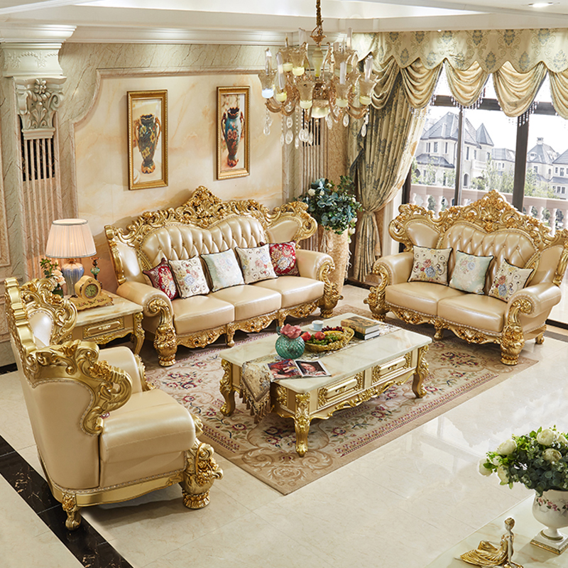 Classic Antique Royal Gold Golden Sofa Set muebles Living Room Furniture solid wood frame genuine le