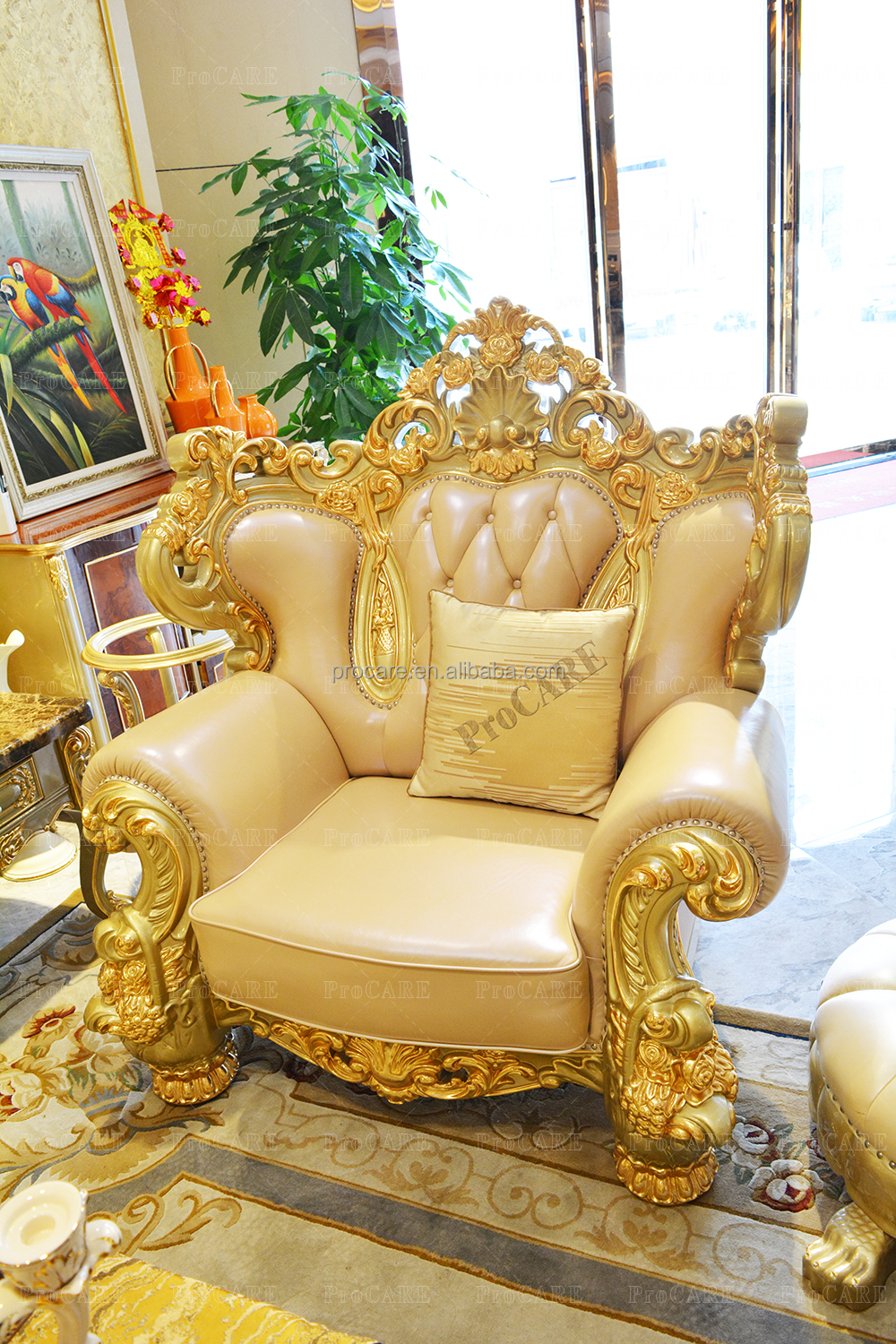 Classic Antique Royal Gold Golden Sofa Set muebles Living Room Furniture solid wood frame genuine le