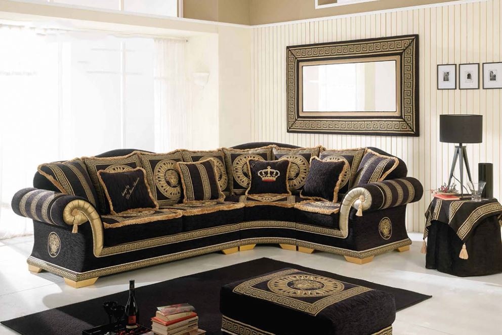Luxury black European style fabric double sofa home living room furniture