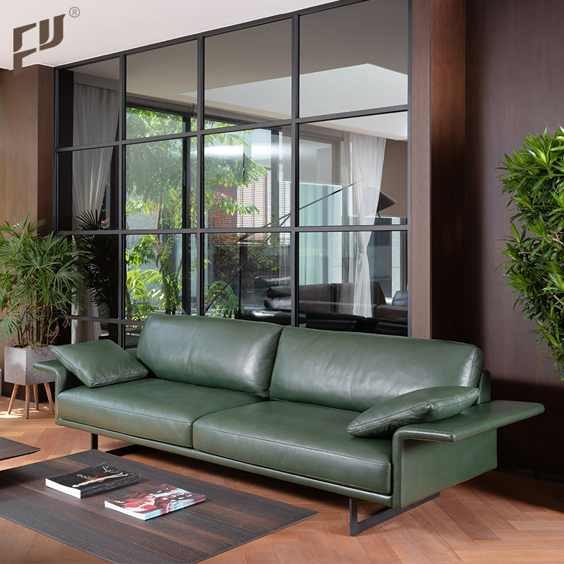 Foshan Supplier High Quality Modern Home Couches 3+4 Seater European Style Luxury Green Leather Sofa